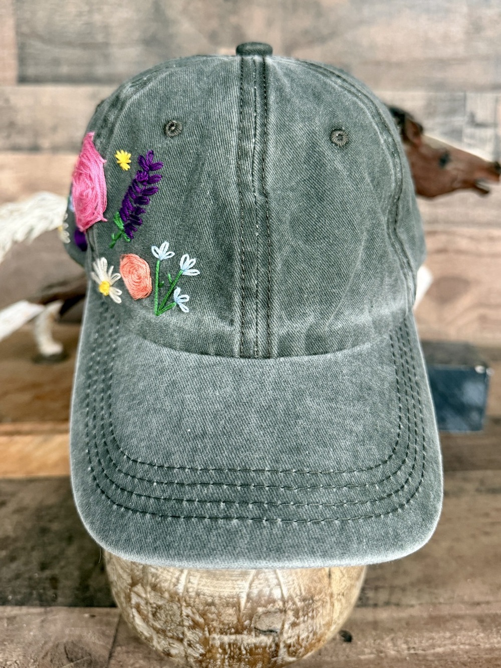 Floral Embroidered Hat in Gray with pony tail hole